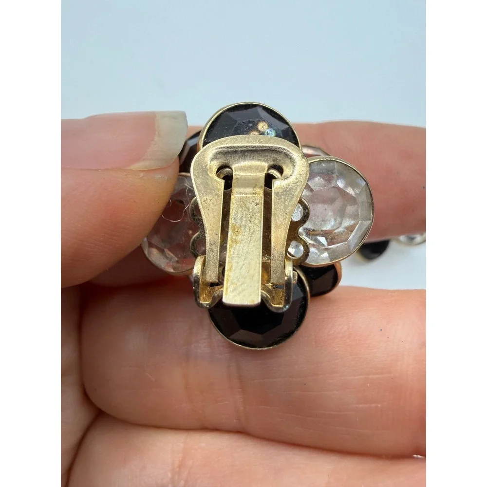Vintage Gold Tone Black Clear Crystal Flower Clip On Statement Earrings 1 Inch